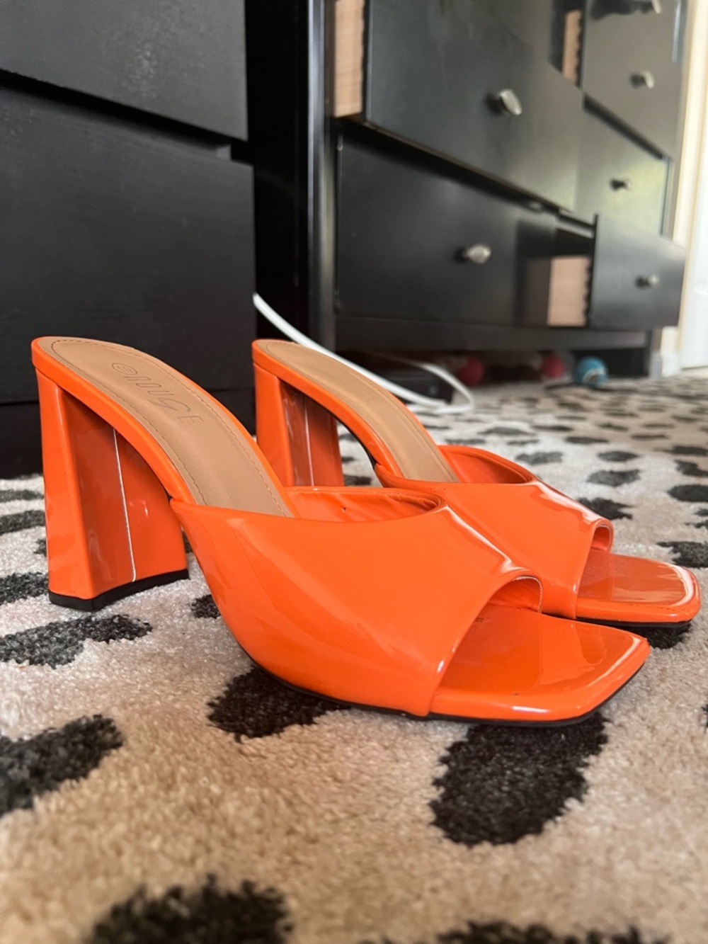 Rouge! Orange Patent Block Heel Mules